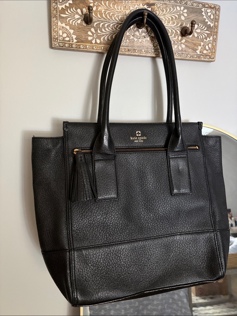 Kate Spade Black Leather Tote Bag with Tassel